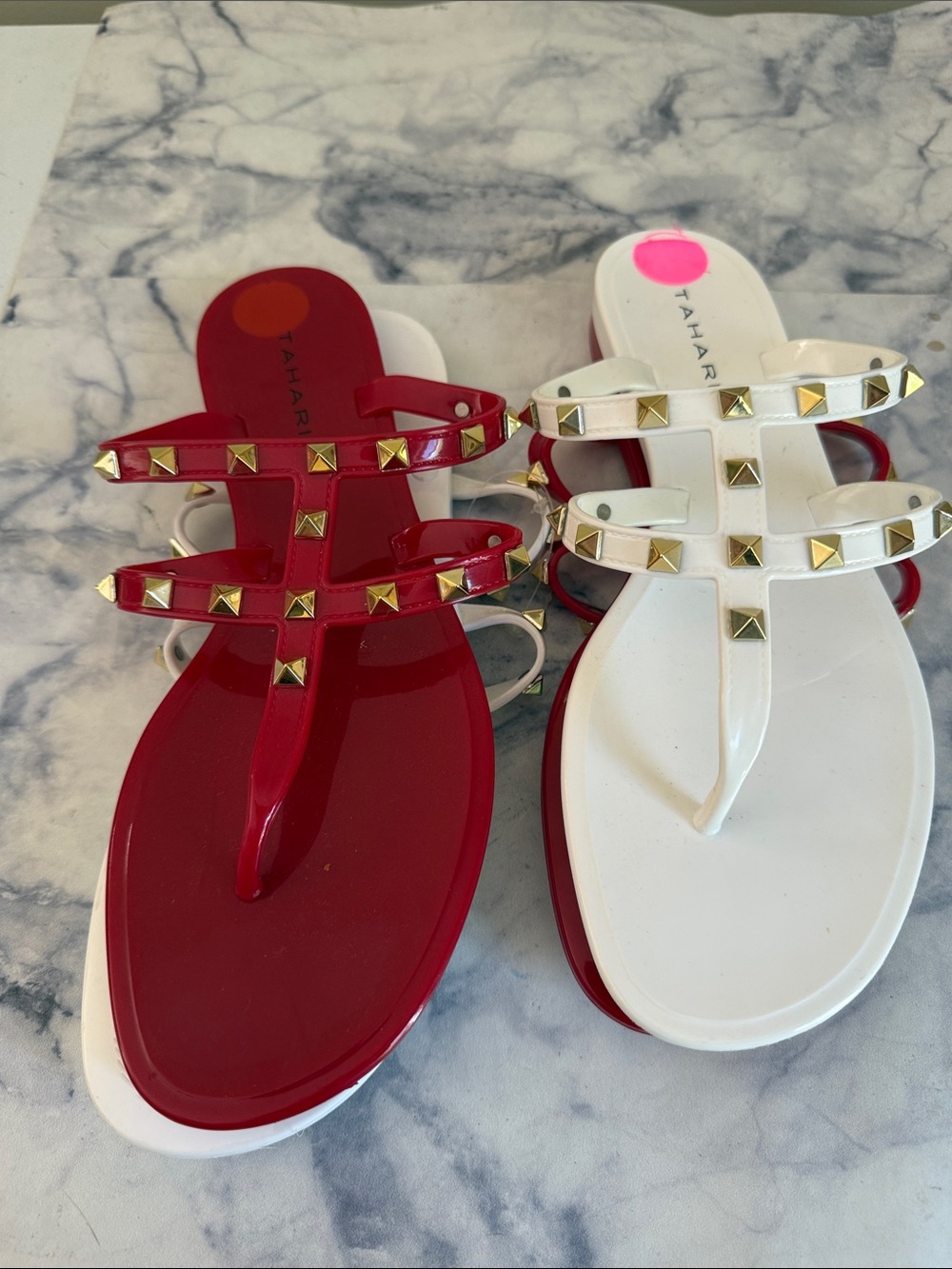 Tahari Red & White Pyramid-Stud Slide Sandals